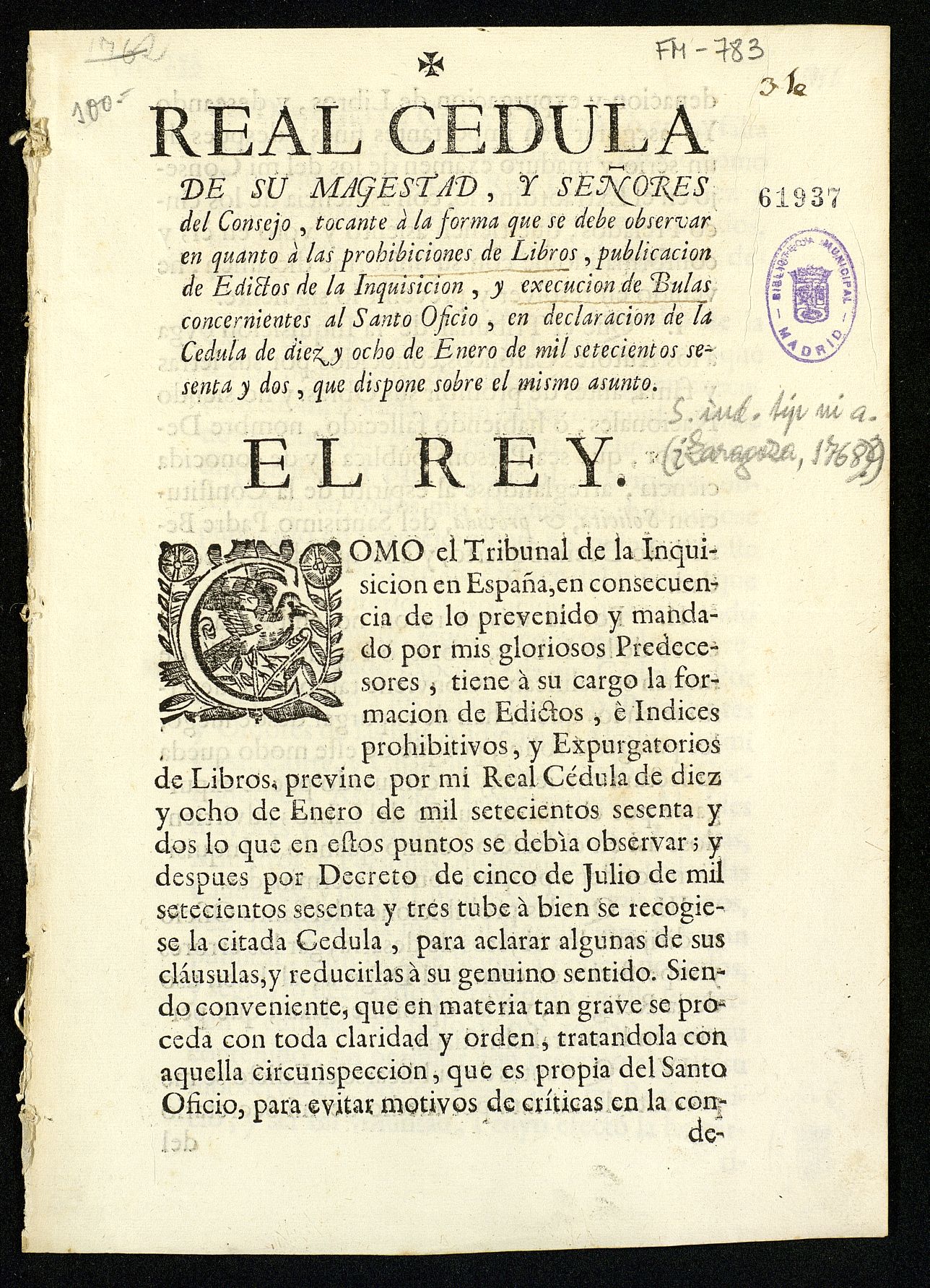 Real Cédula de Carlos III sobre Inquisición y Censura de libros